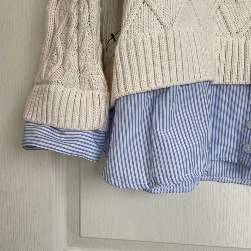 Pilcro Anthropologie Twofer Cable Knit Cream Sweater Blue & Red Stitching Medium - Picture 3 of 7